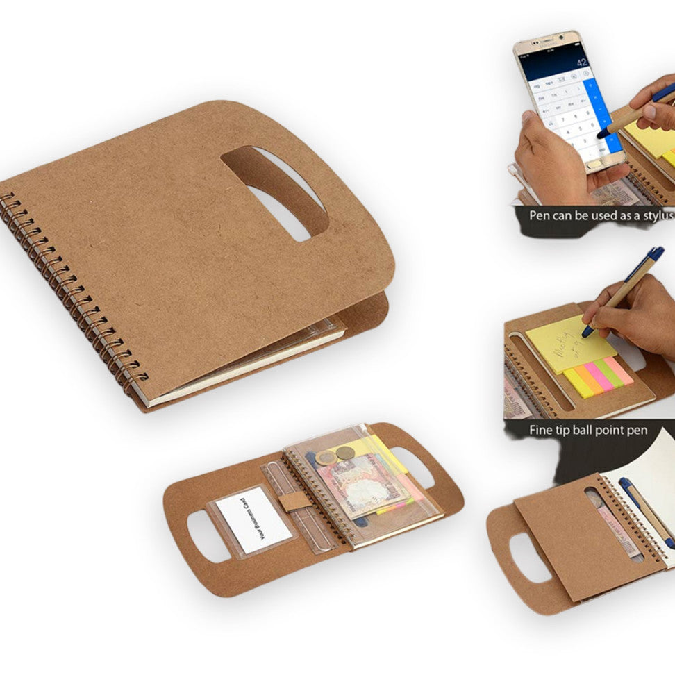 YuBingo Writing Buddy: Diary with Pen, Wallet, Sticky Pads, and Carrying Handle (Brown) - Corporate Gift