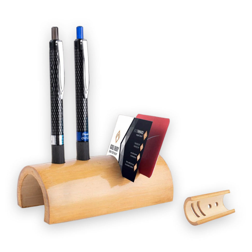 YuBingo Bamboo Card Holder with Double Pen Holder (with PU Gloss Coating) - Corporate Stationery Gift - Office Stationery by YuBingo