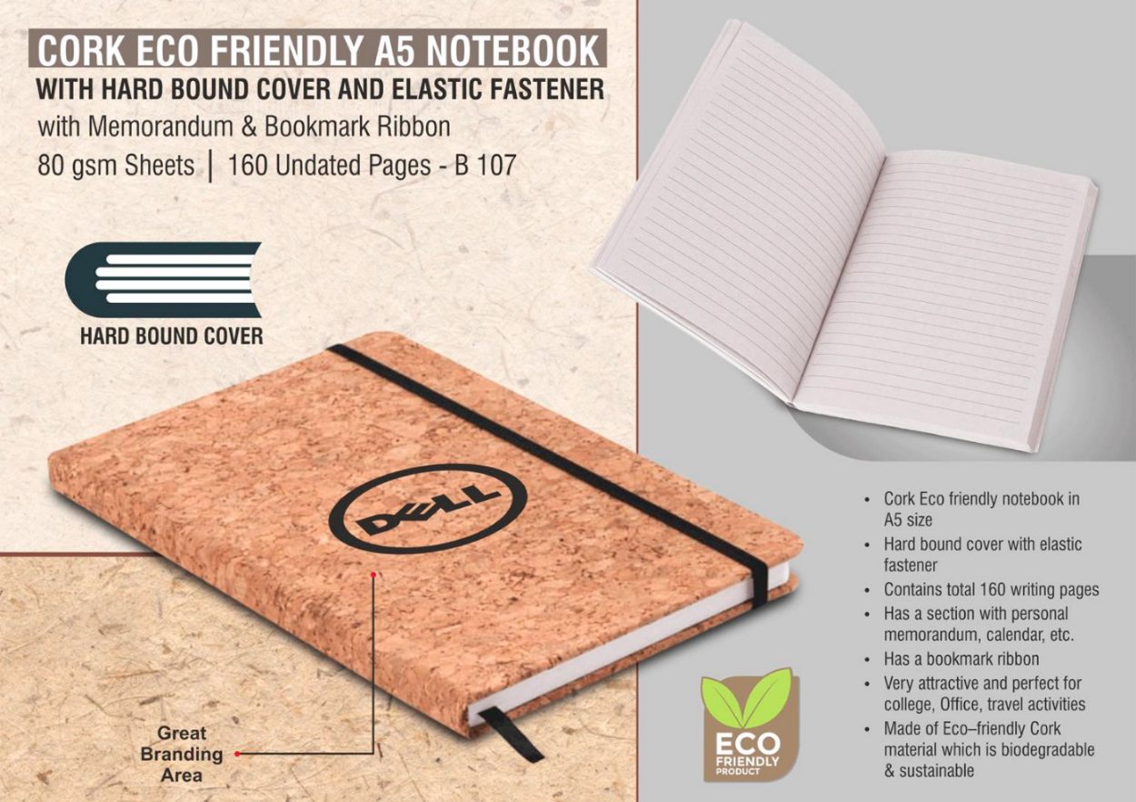 YuBingo Cork Eco-Friendly A5 Notebook with Hard Bound Cover and Elastic Fastener - Corporate Gift