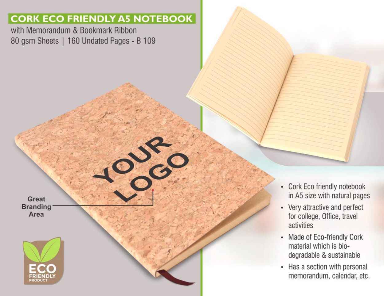 YuBingo Cork Eco-Friendly A5 Notebook with Memorandum and Bookmark Ribbon - Corporate Gift