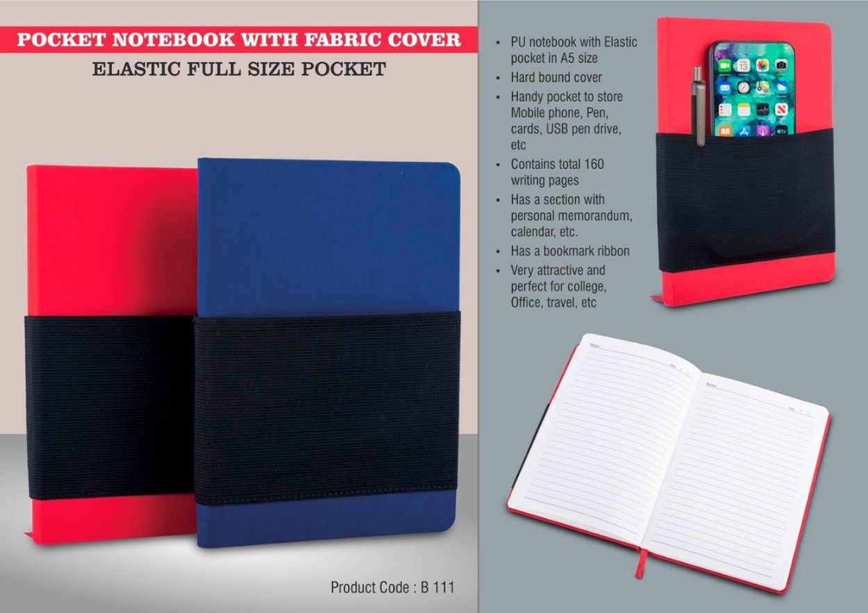 YuBingo Pocket Notebook with Fabric Cover and Elastic Full-Size Pocket - Corporate Gift