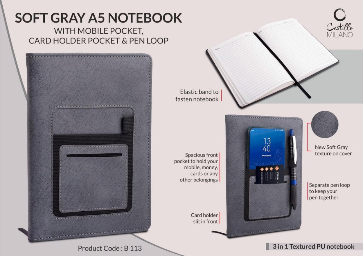 YuBingo Soft Gray A5 Notebook with Mobile Pocket, Card Holder Pocket & Pen Loop by Castillo Milano - Corporate Gift