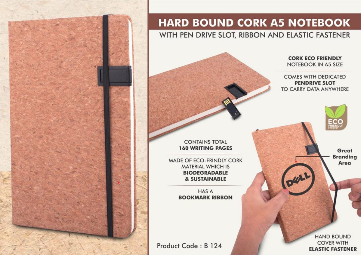 YuBingo Hard Bound Cork A5 Notebook with Pen Drive Slot, Ribbon, and Elastic Fastener - Corporate Gift