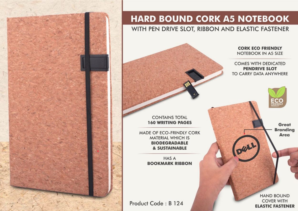 YuBingo Hard Bound Cork A5 Notebook with Pen Drive Slot, Ribbon, and Elastic Fastener - Corporate Gift