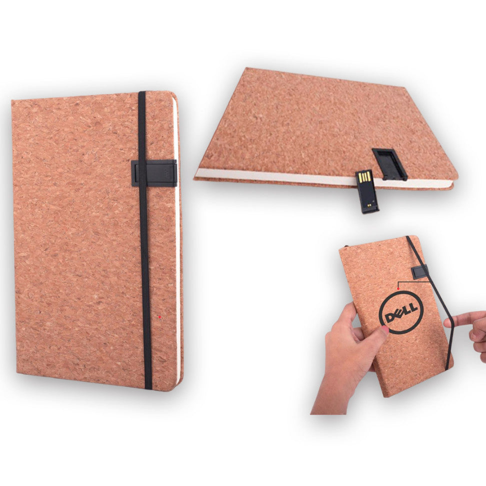 YuBingo Hard Bound Cork A5 Notebook with Pen Drive Slot, Ribbon, and Elastic Fastener - Corporate Gift