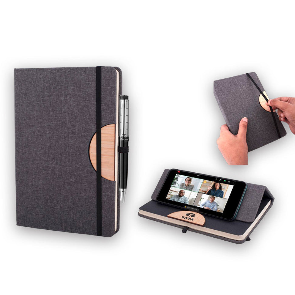 YuBingo D Style Bamboo Notebook with Phone Stand and Elastic Fastener - Corporate Gift