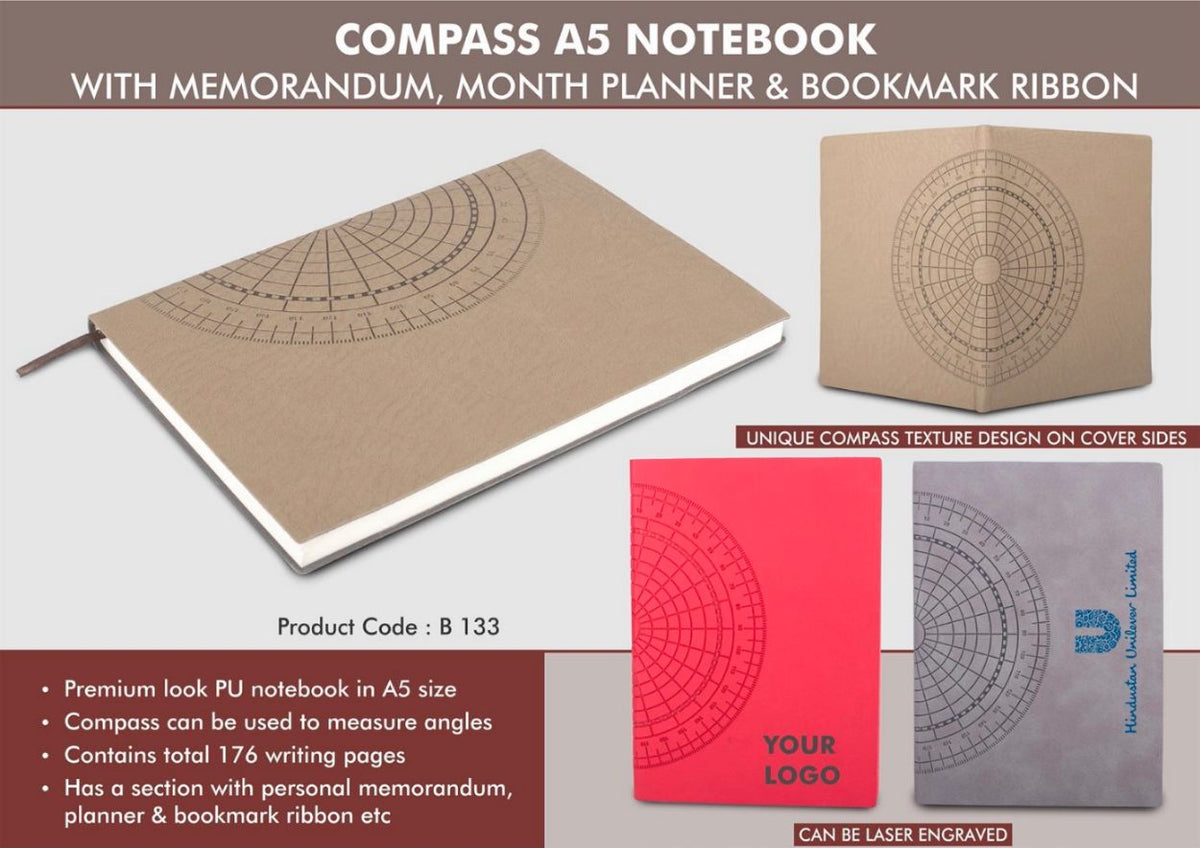 YuBingo Compass A5 Notebook with Memorandum, Month Planner & Bookmark Ribbon - Corporate Gift