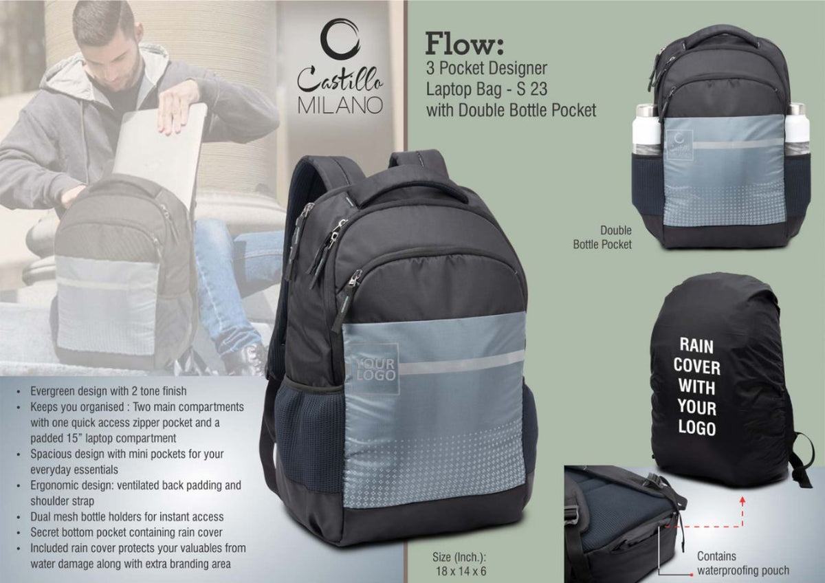 YuBingo Flow: 3 Pocket Designer Laptop Bag With Double Bottle Pocket And Rain Cover - Corporate Gift | Product image 3