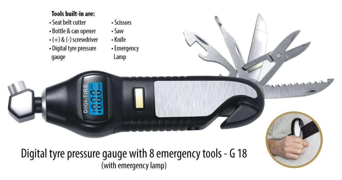 YuBingo Digital Tyre Pressure Gauge with 7 Emergency Tools - Corporate Utility Gift - Tools by YuBingo