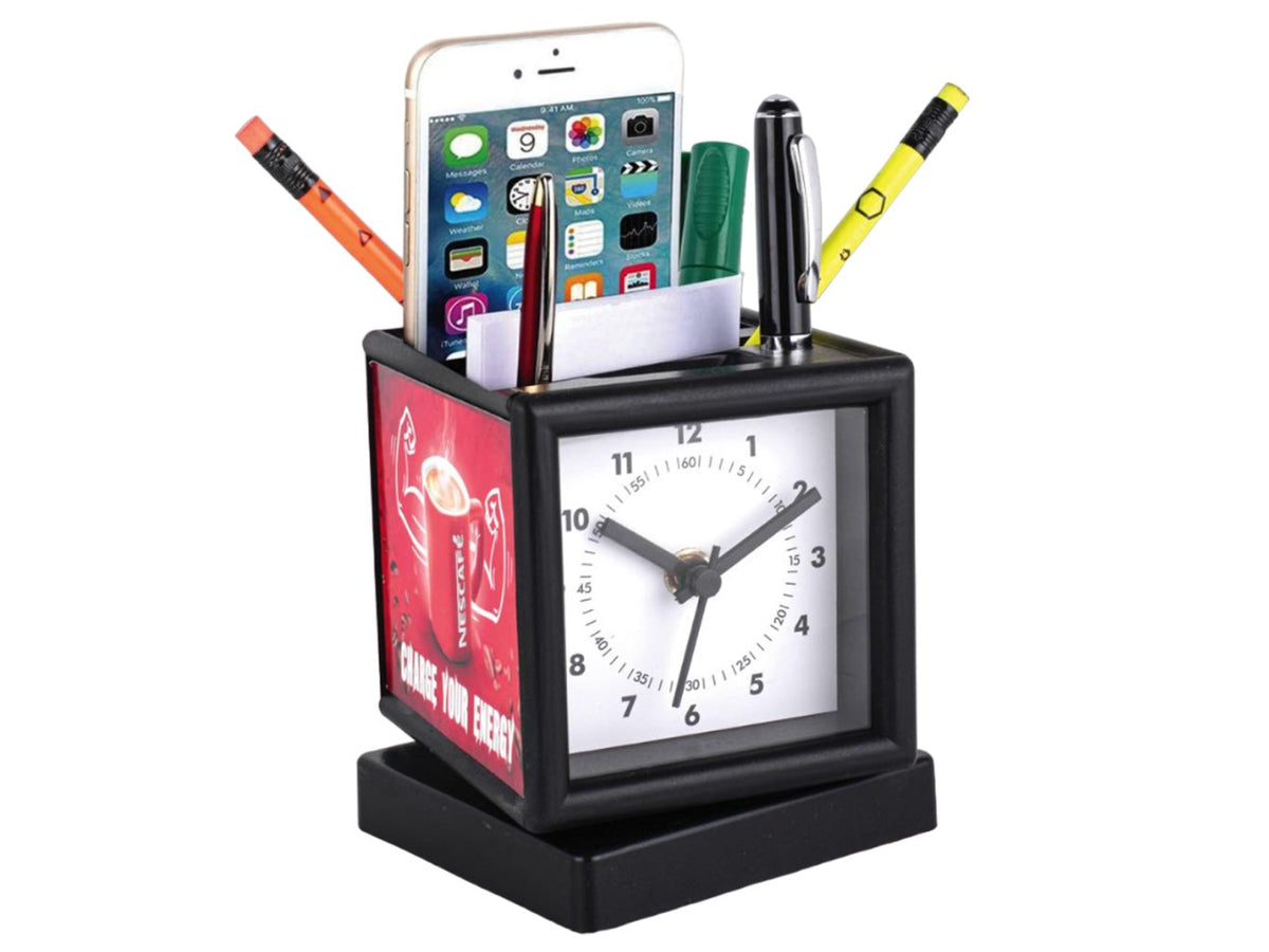 YuBingo Rotating Clock With 3 Side Branding Area | Pen Stand & Stationery Holder - Corporate Gift | Product image 3