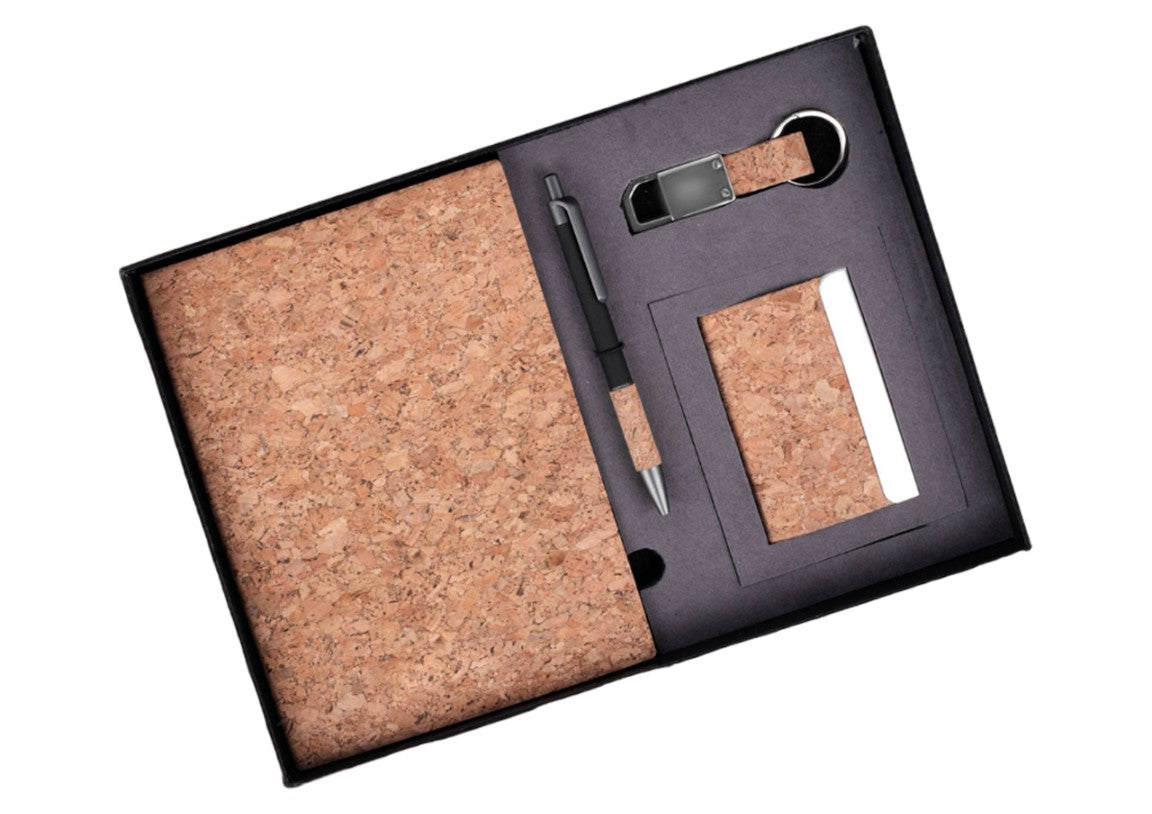 Cork 4-Piece Gift Set: Cork Notebook, Card Holder, Pen &amp; Keychain - Corporate Gift