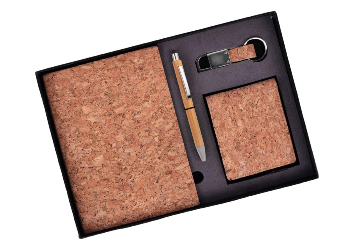 Eco-Friendly Cork 4 Pc Gift Set with Wallet, Pen, Keychain, and Notebook - Corporate Gift