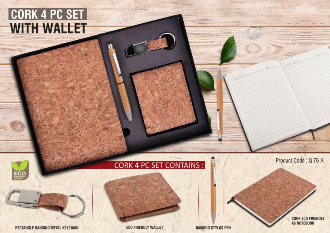 Eco-Friendly Cork 4 Pc Gift Set with Wallet, Pen, Keychain, and Notebook - View 2