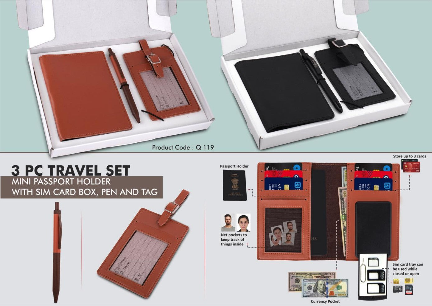 YuBingo Elegant 3 Pc Travel Set: Mini Passport Holder, Sim Card Box, Luggage Tag & Metal Pen In Gift Box - Corporate Gift Set - product image