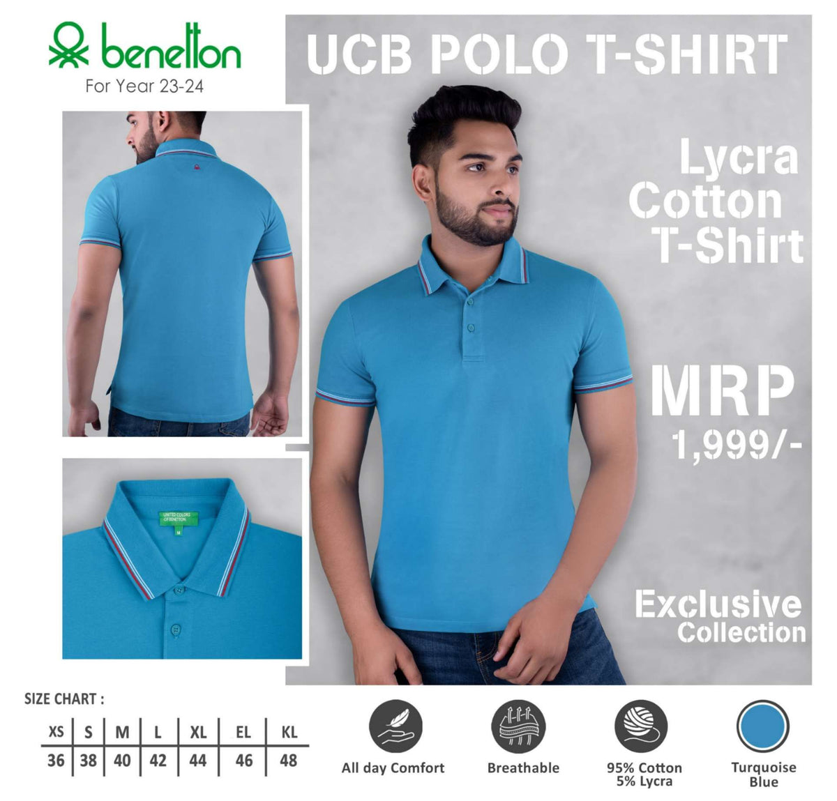 YuBingo United Colors of Benetton Lycra Cotton Polo T-Shirt - Custom Corporate Gift - Turquoise Blue by YuBingo