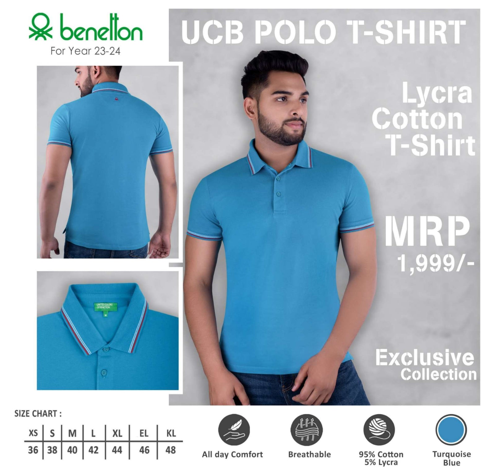 YuBingo United Colors of Benetton Lycra Cotton Polo T-Shirt - Custom Corporate Gift - Turquoise Blue by YuBingo