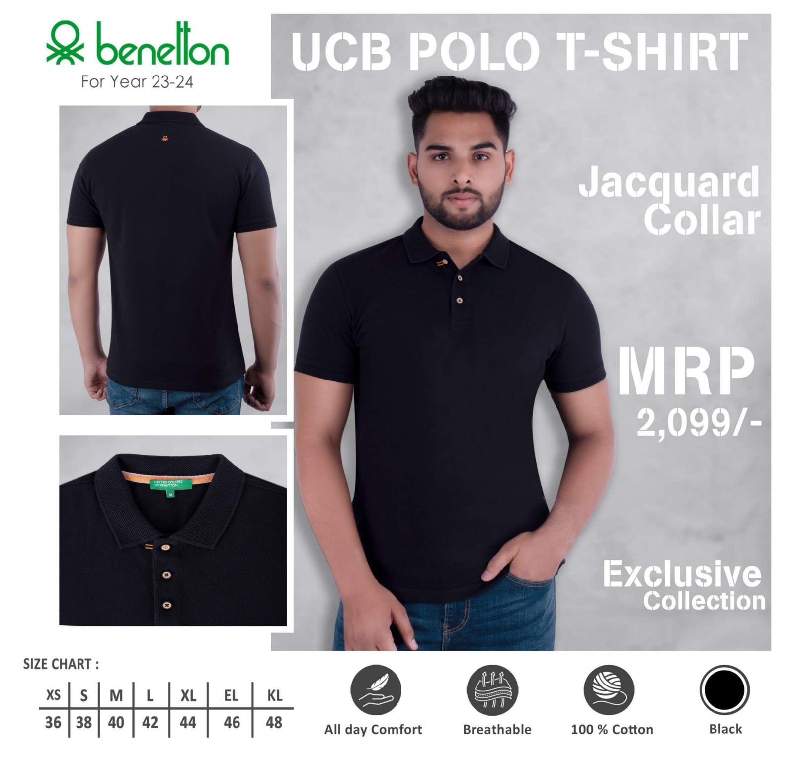 YuBingo United Colors of Benetton Cotton Jacquard Polo T-Shirt - Custom Corporate Gift - Black by YuBingo