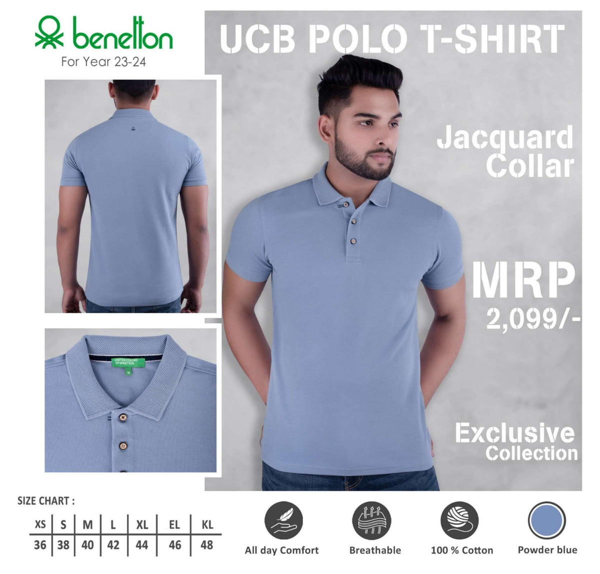 YuBingo United Colors of Benetton Cotton Jacquard Polo T-Shirt - Custom Corporate Gift - Powder Blue by YuBingo