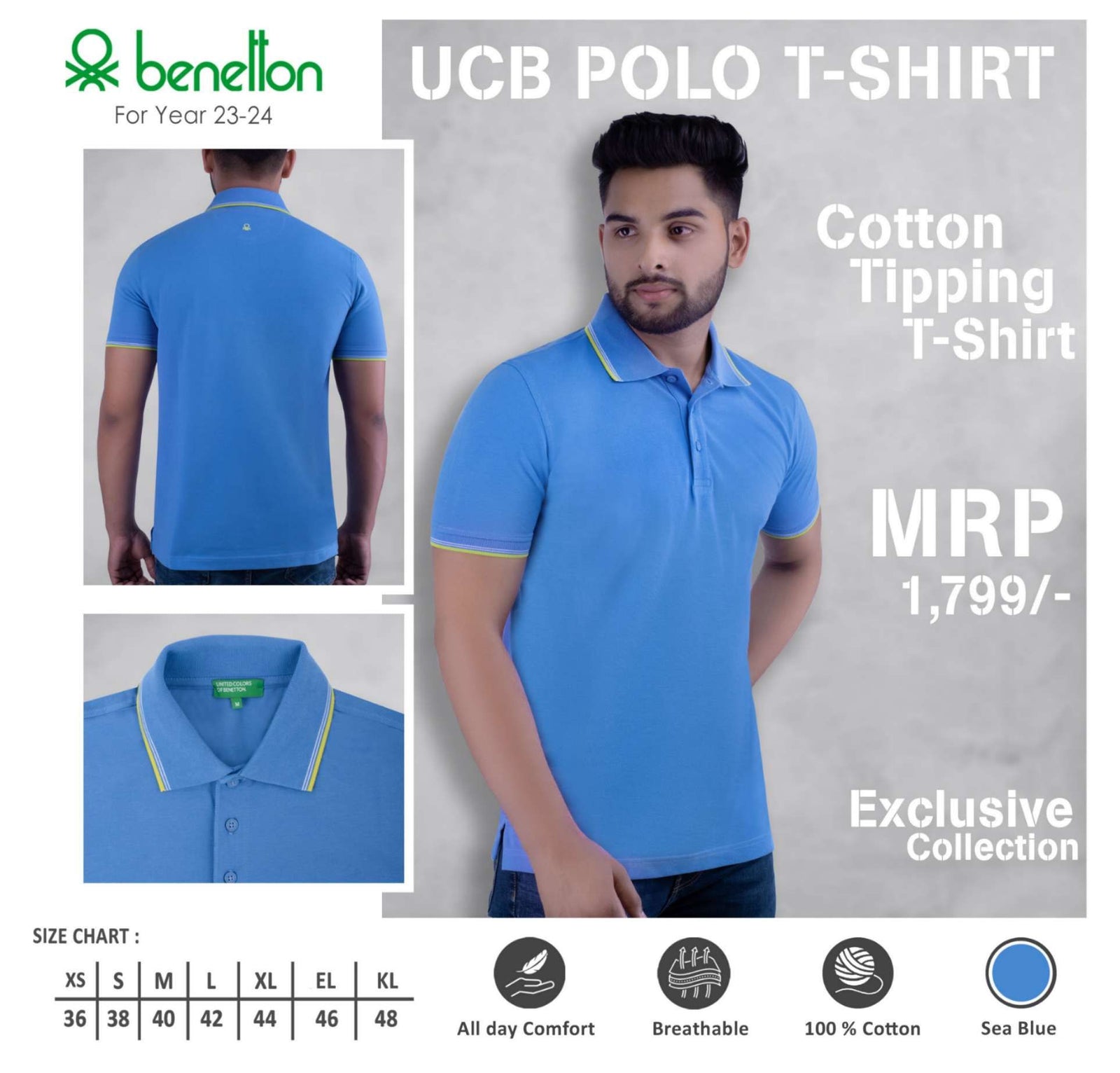 YuBingo United Colors of Benetton Cotton Tipping Polo T-Shirt - Custom Corporate Gift - Sea Blue by YuBingo