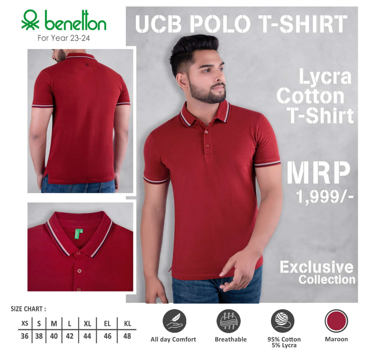 YuBingo United Colors of Benetton Lycra Cotton Polo T-Shirt - Custom Corporate Gift - Maroon by YuBingo