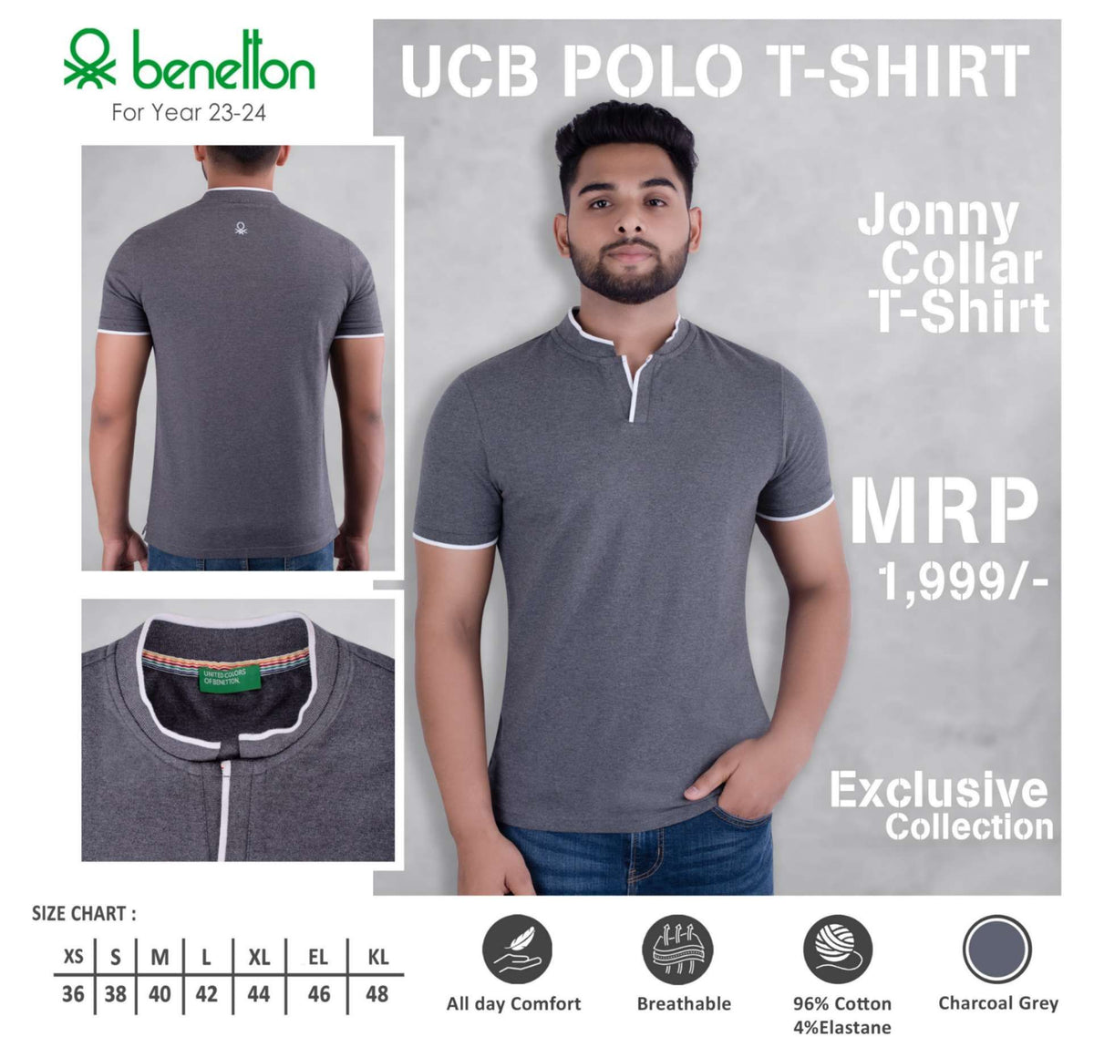 YuBingo United Colors of Benetton Cotton Jonny Polo T-Shirt - Custom Corporate Gift - Charcoal Grey by YuBingo