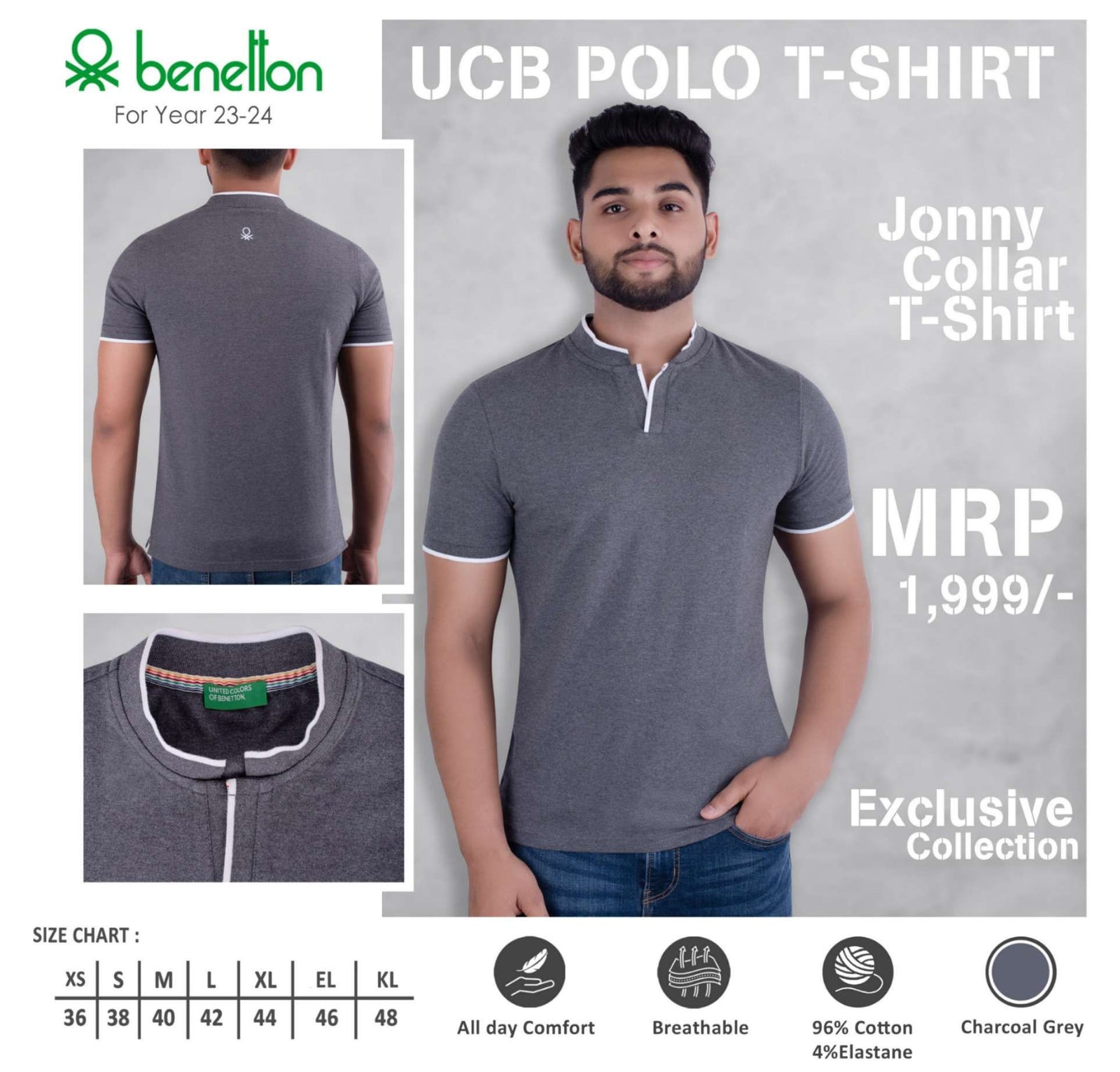 YuBingo United Colors of Benetton Cotton Jonny Polo T-Shirt - Custom Corporate Gift - Charcoal Grey by YuBingo