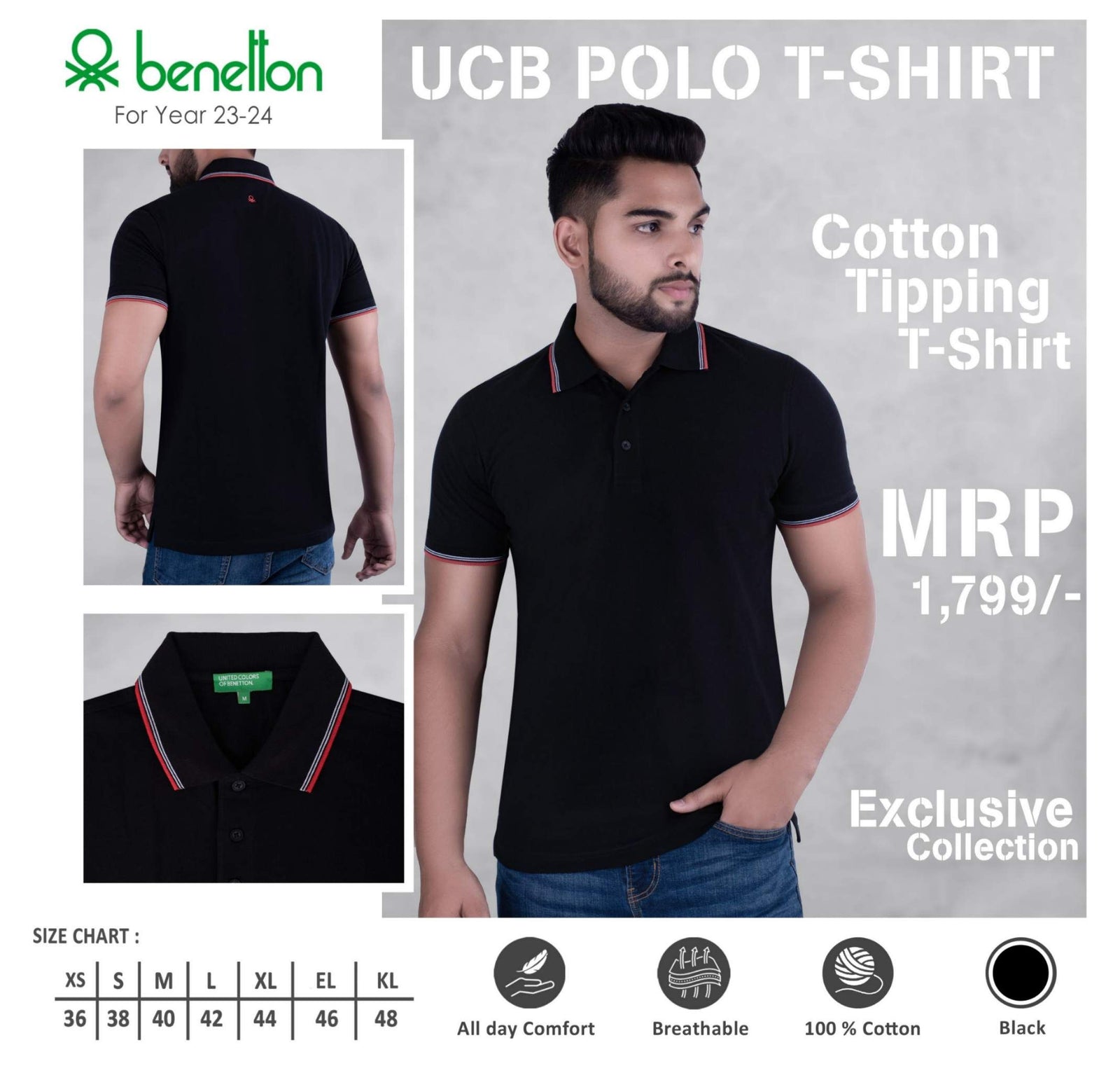 YuBingo United Colors of Benetton Cotton Tipping Polo T-Shirt - Custom Corporate Gift - Black by YuBingo