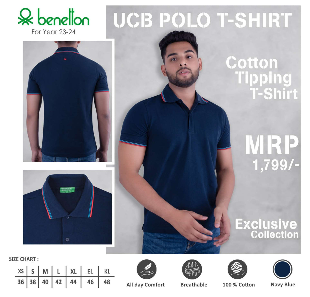 YuBingo United Colors of Benetton Cotton Tipping Polo T-Shirt - Custom Corporate Gift - Navy Blue by YuBingo
