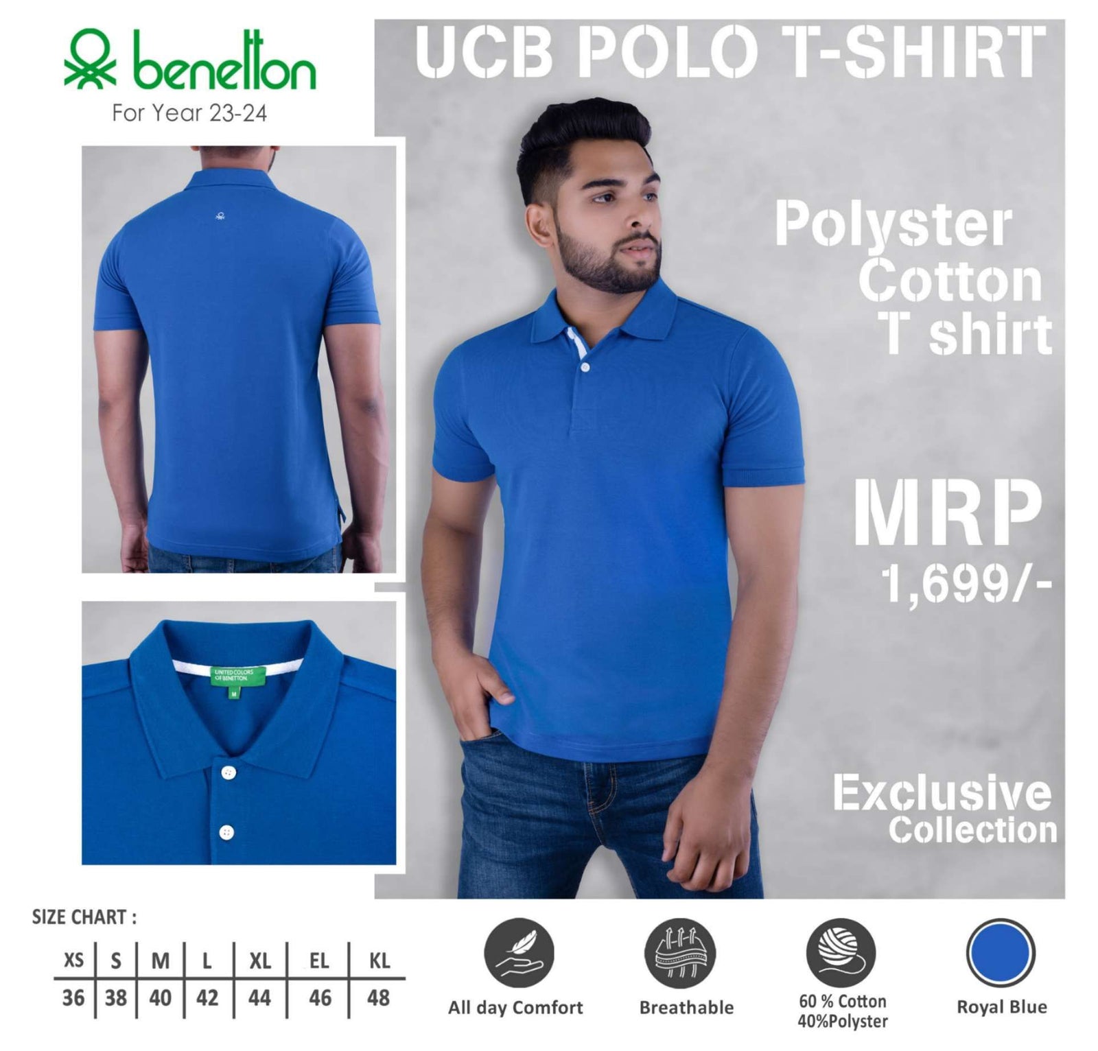 YuBingo United Colors of Benetton Polyester Cotton Polo T-Shirt - Custom Corporate Gift - Royal Blue by YuBingo
