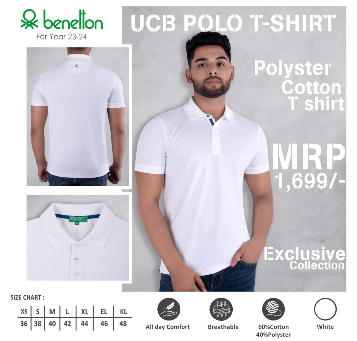 YuBingo United Colors of Benetton Polyester Cotton Polo T-Shirt - Custom Corporate Gift - White by YuBingo