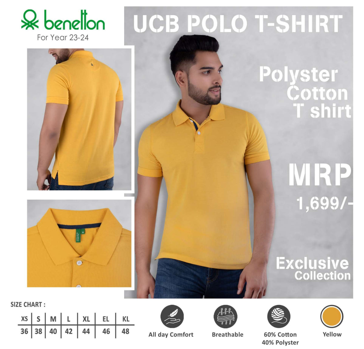 YuBingo United Colors of Benetton Polyester Cotton Polo T-Shirt - Custom Corporate Gift - Yellow by YuBingo
