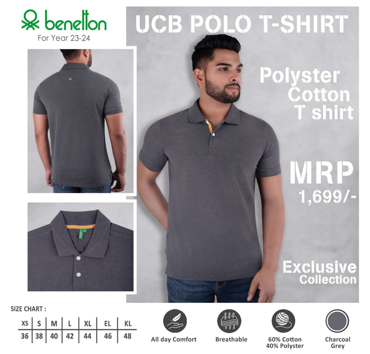YuBingo United Colors of Benetton Polyester Cotton Polo T-Shirt - Custom Corporate Gift - Charcoal Grey by YuBingo