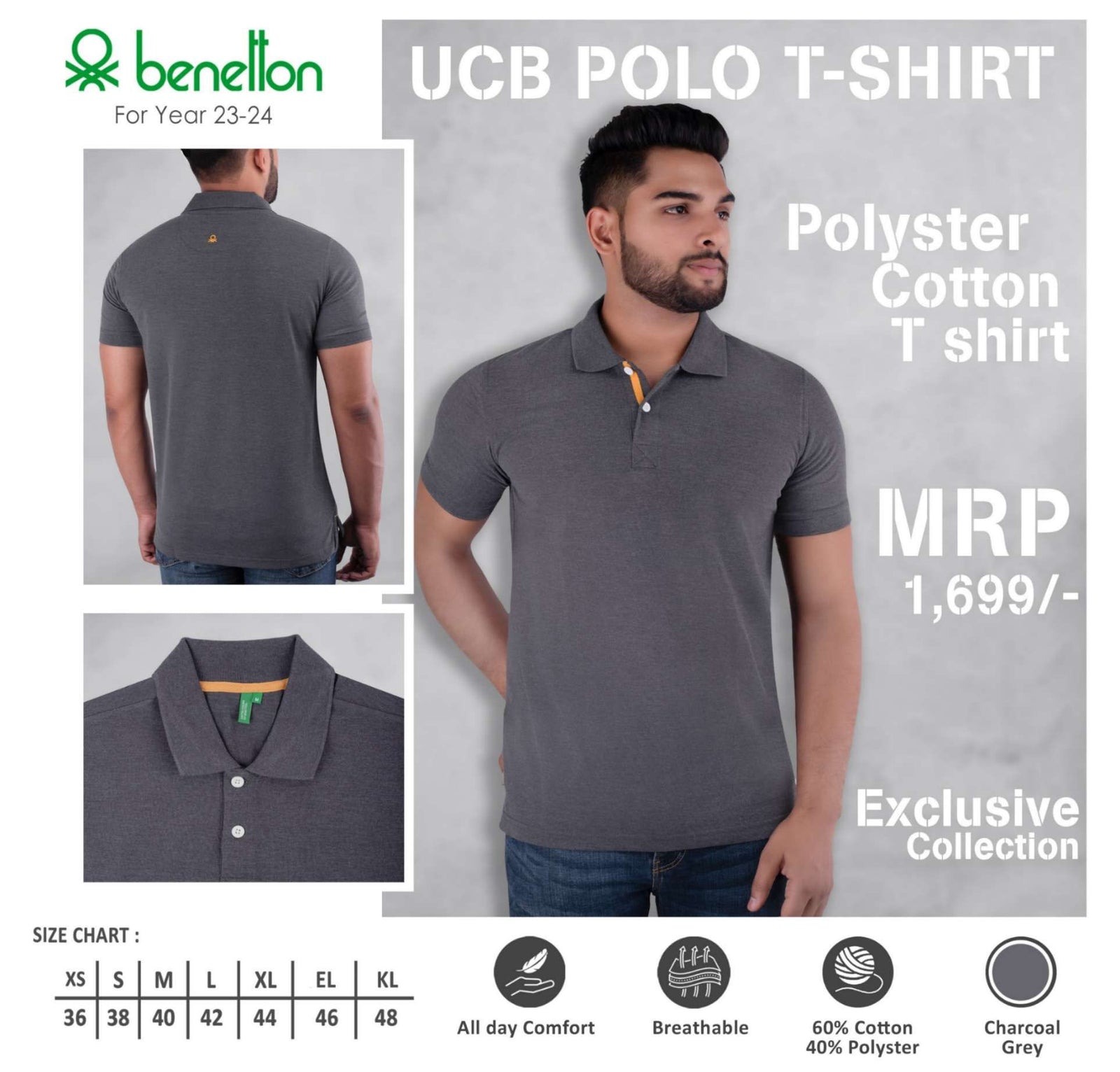 YuBingo United Colors of Benetton Polyester Cotton Polo T-Shirt - Custom Corporate Gift - Charcoal Grey by YuBingo