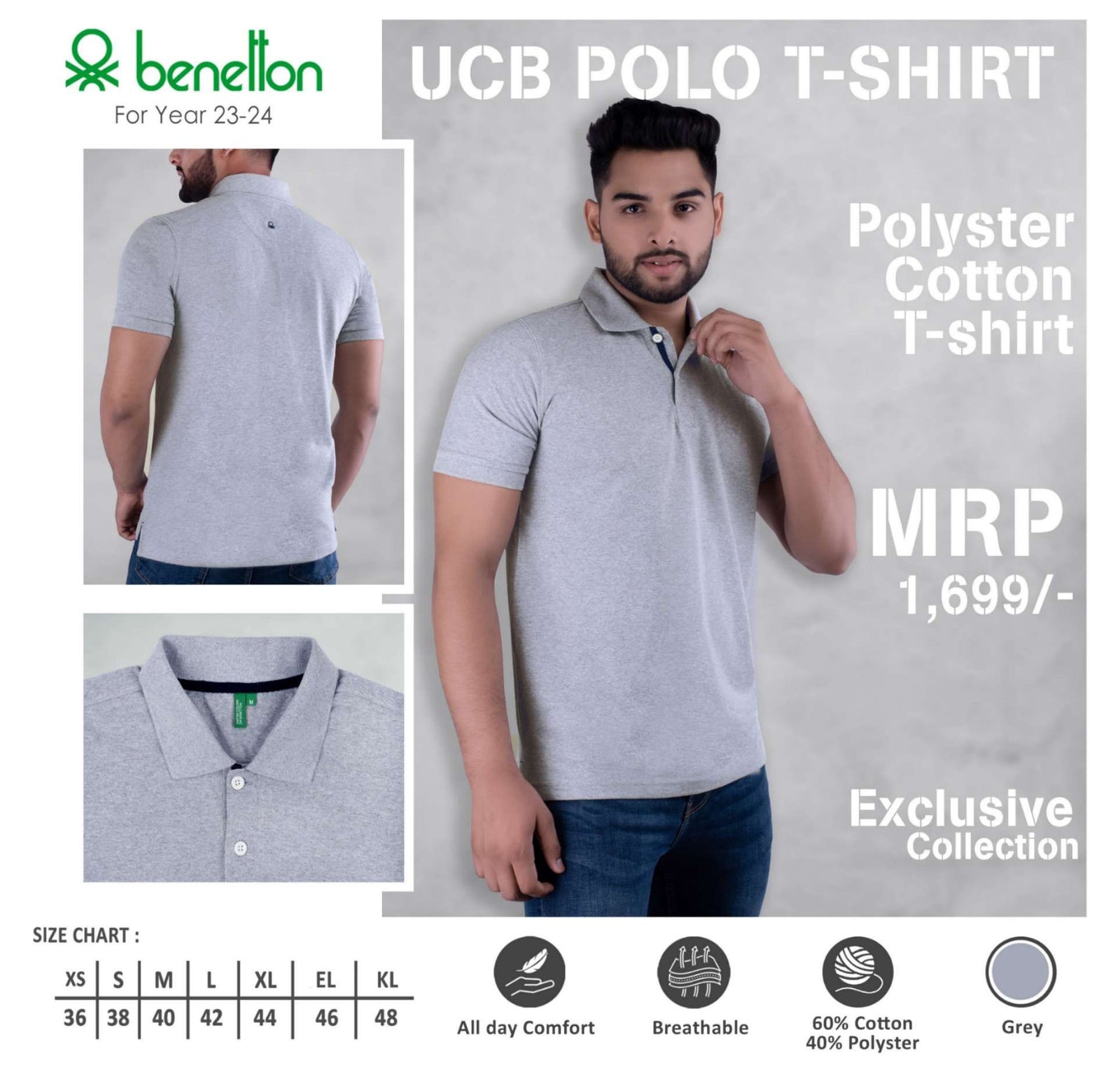 YuBingo United Colors of Benetton Polyester Cotton Polo T-Shirt - Custom Corporate Gift - Grey by YuBingo