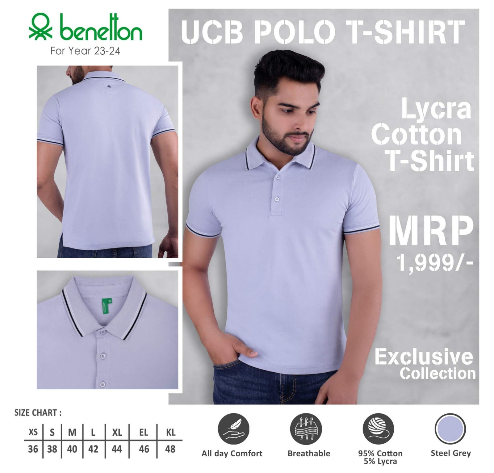 YuBingo United Colors of Benetton Lycra Cotton Polo T-Shirt - Custom Corporate Gift - Steel Grey by YuBingo