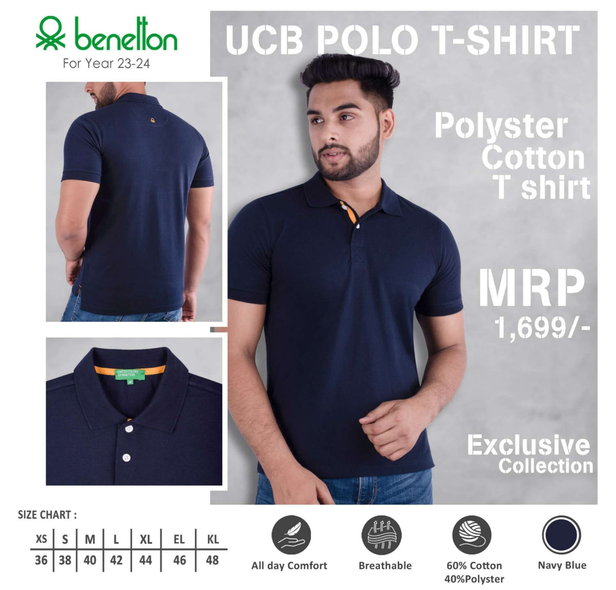 YuBingo United Colors of Benetton Polyester Cotton Polo T-Shirt - Custom Corporate Gift - Navy Blue by YuBingo