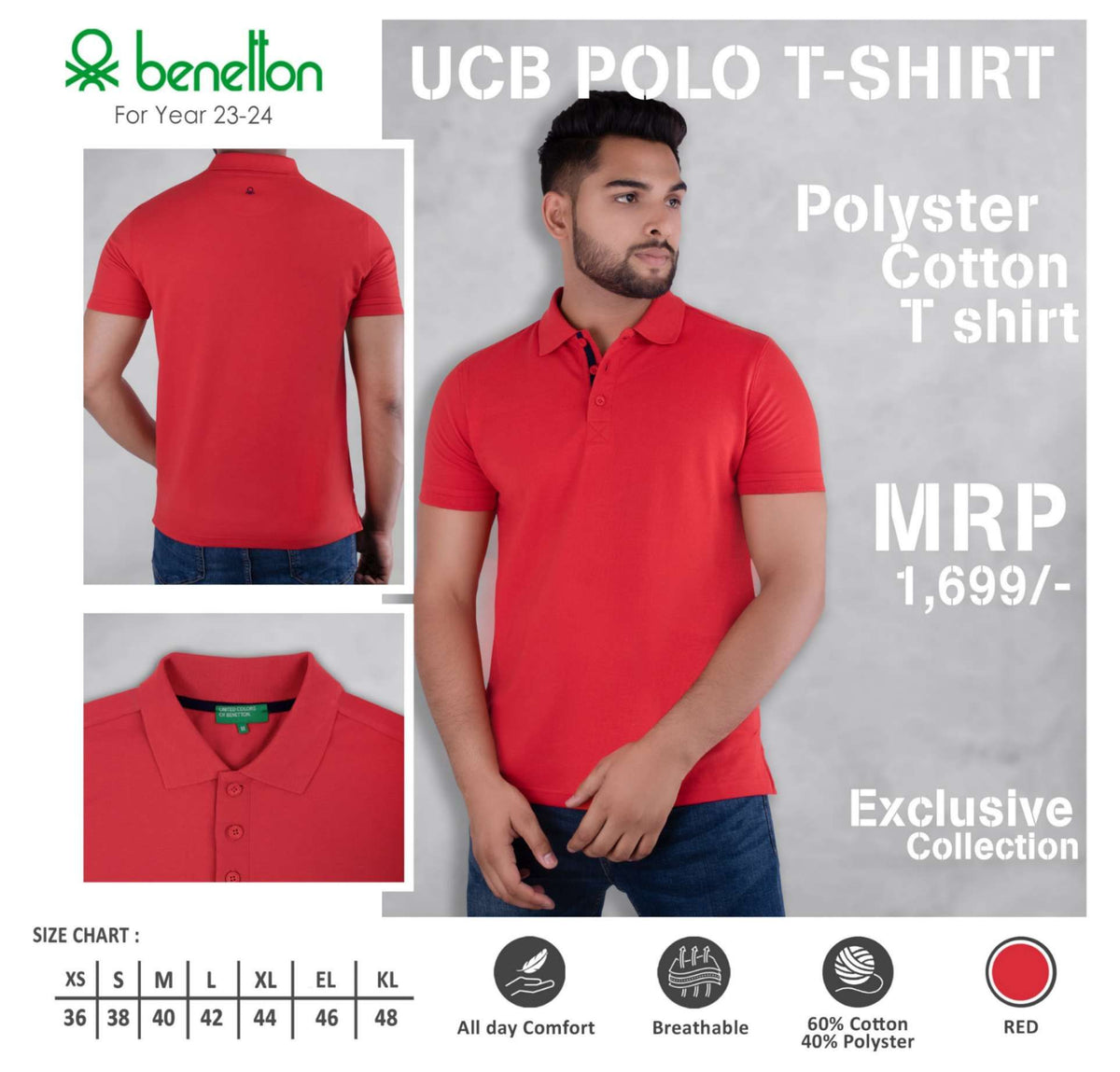 YuBingo United Colors of Benetton Polyester Cotton Polo T-Shirt - Custom Corporate Gift - Red by YuBingo