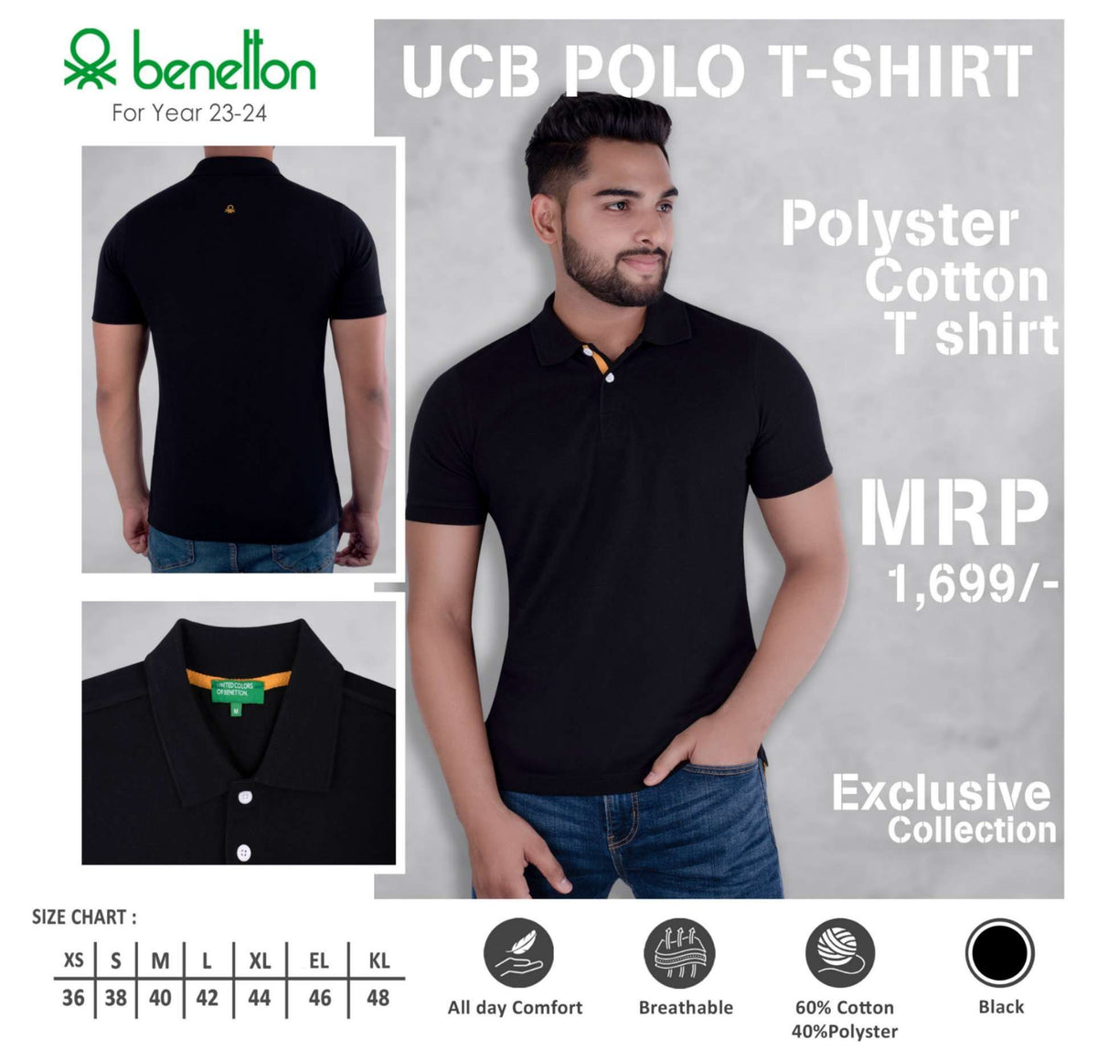 YuBingo United Colors of Benetton Polyester Cotton Polo T-Shirt - Custom Corporate Gift - Black by YuBingo