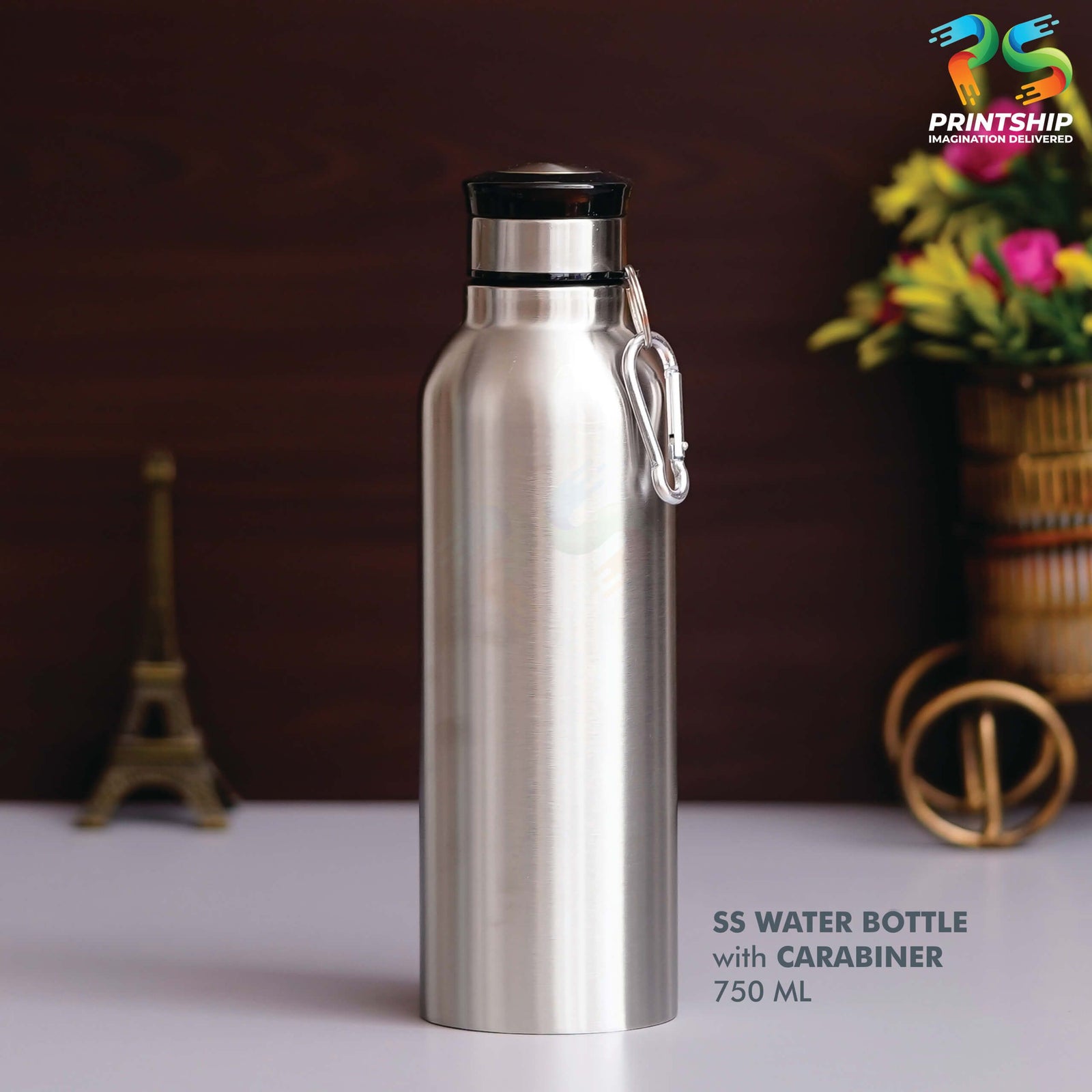 YuBingo Silver Stainless Steel Bottle with Carabiner - 750 ML - Corporate Drinkware Gift - Water Bottles by YuBingo