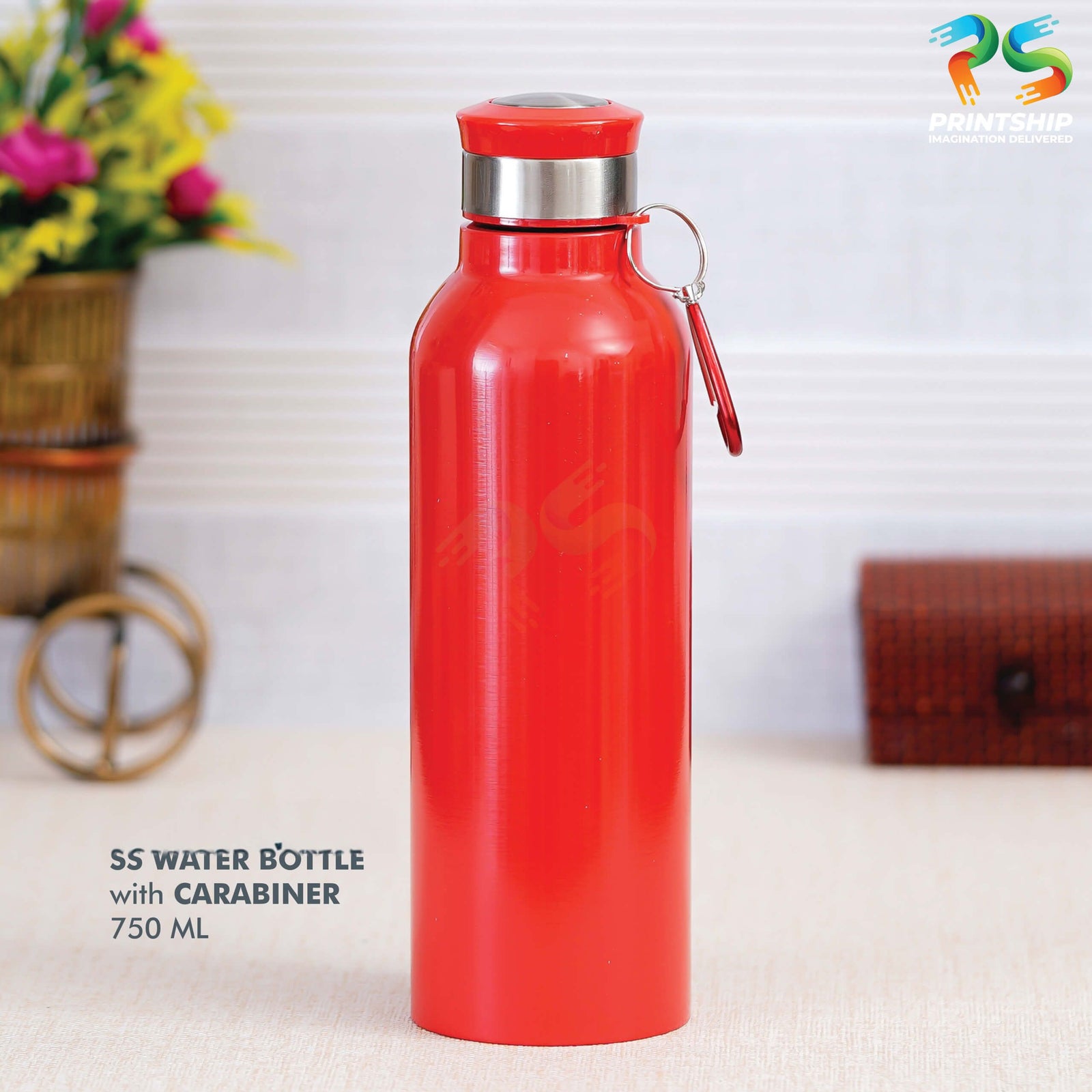 YuBingo Red Stainless Steel Bottle with Carabiner - 750 ML - Corporate Drinkware Gift - Water Bottles by YuBingo