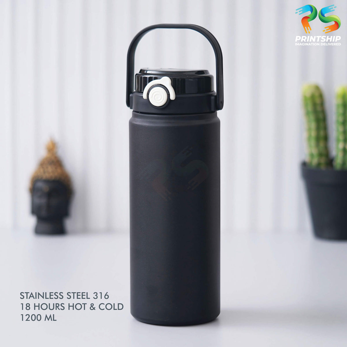 YuBingo Sleek Black Stainless Steel Bottle - 1200 ML - Corporate Drinkware Gift - Water Bottles by YuBingo