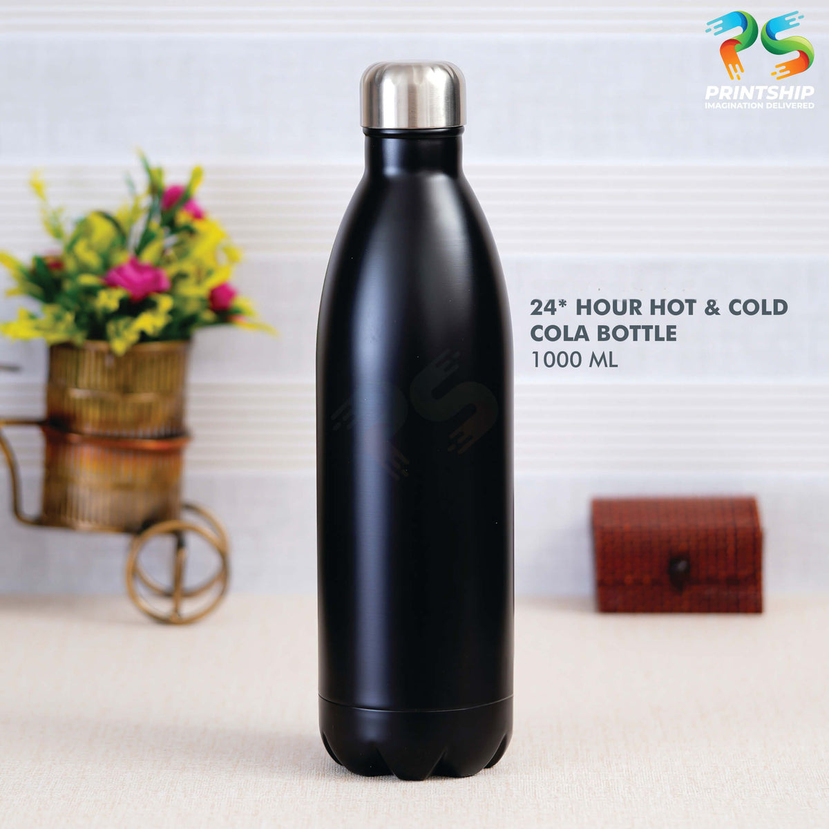YuBingo Premium Black Stainless Steel Cola Bottle - 1000 ML - Corporate Drinkware Gift - Water Bottles by YuBingo