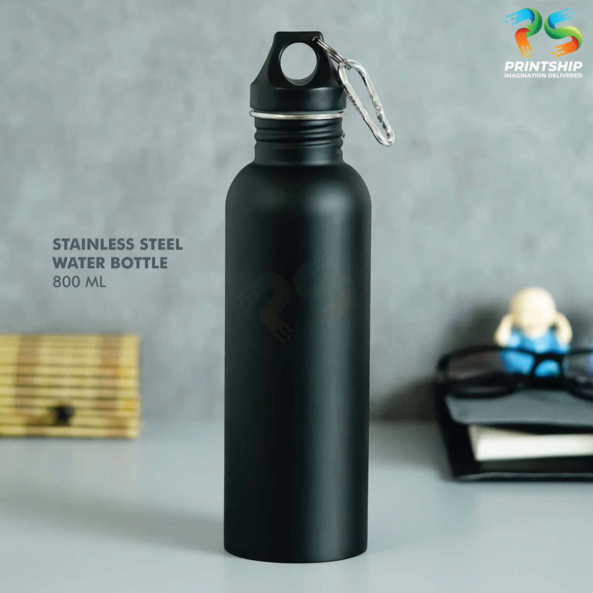 YuBingo Black Stainless Steel Bottle with Carabiner - 800 ML - Corporate Drinkware Gift - Water Bottles by YuBingo