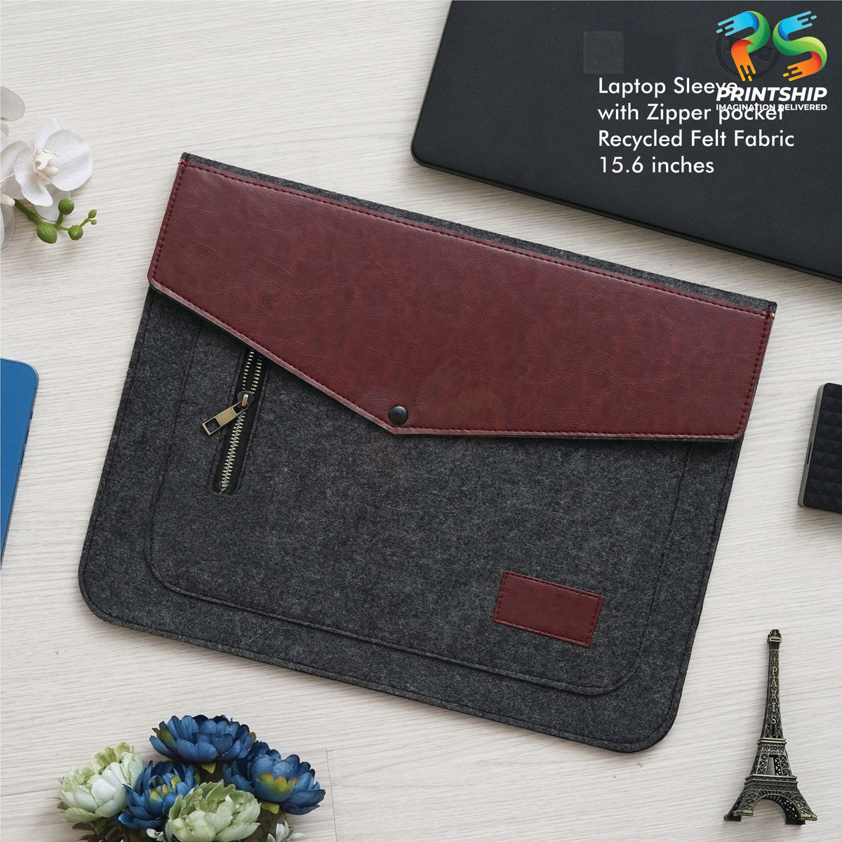 YuBingo Black Recycled Felt Laptop Sleeve - 15.6 Inch With Zipper Pockets - Corporate Gift | YuBingo corporate gift