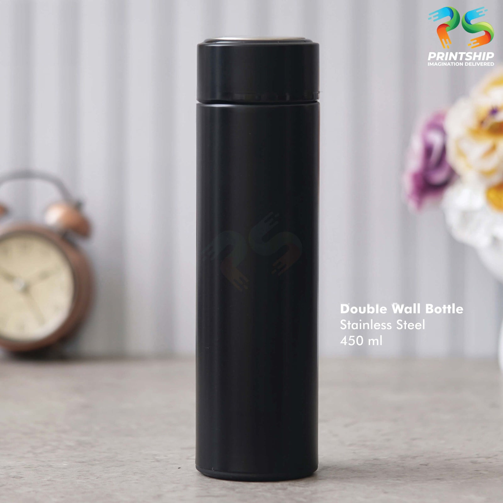 YuBingo Sleek Black Double Wall Stainless Steel Bottle - 450 ML - Corporate Drinkware Gift - Water Bottles by YuBingo