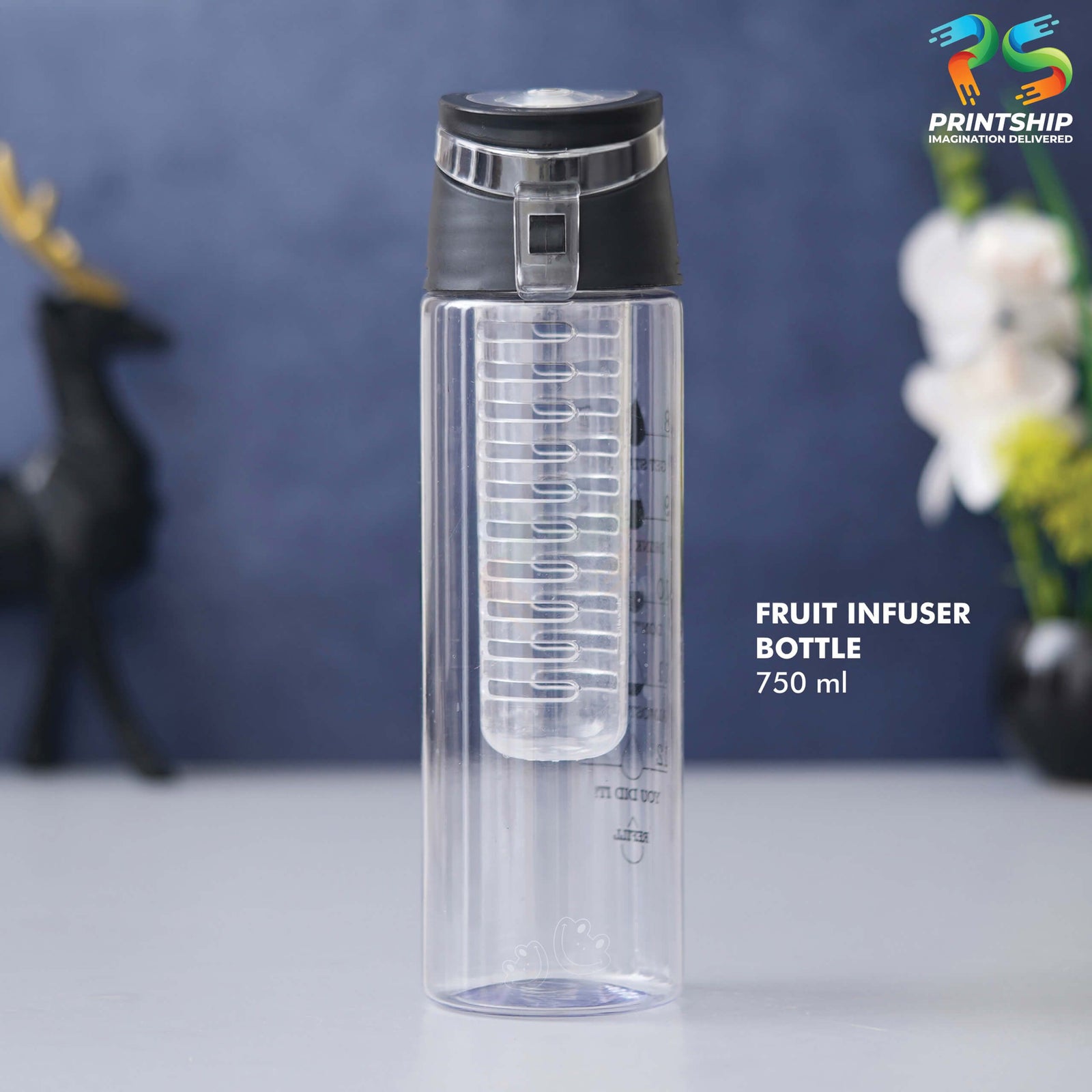 YuBingo Clear Plastic 750ML Fruit Infuser Bottle with Black Cap - Corporate Drinkware Gift - Water Bottles by YuBingo