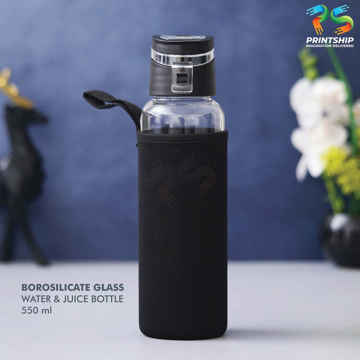 YuBingo Clear Borosilicate Glass 550ML Water &amp; Juice Bottle with Black Cover and Sipper - Corporate Drinkware Gift - Water Bottles by YuBingo