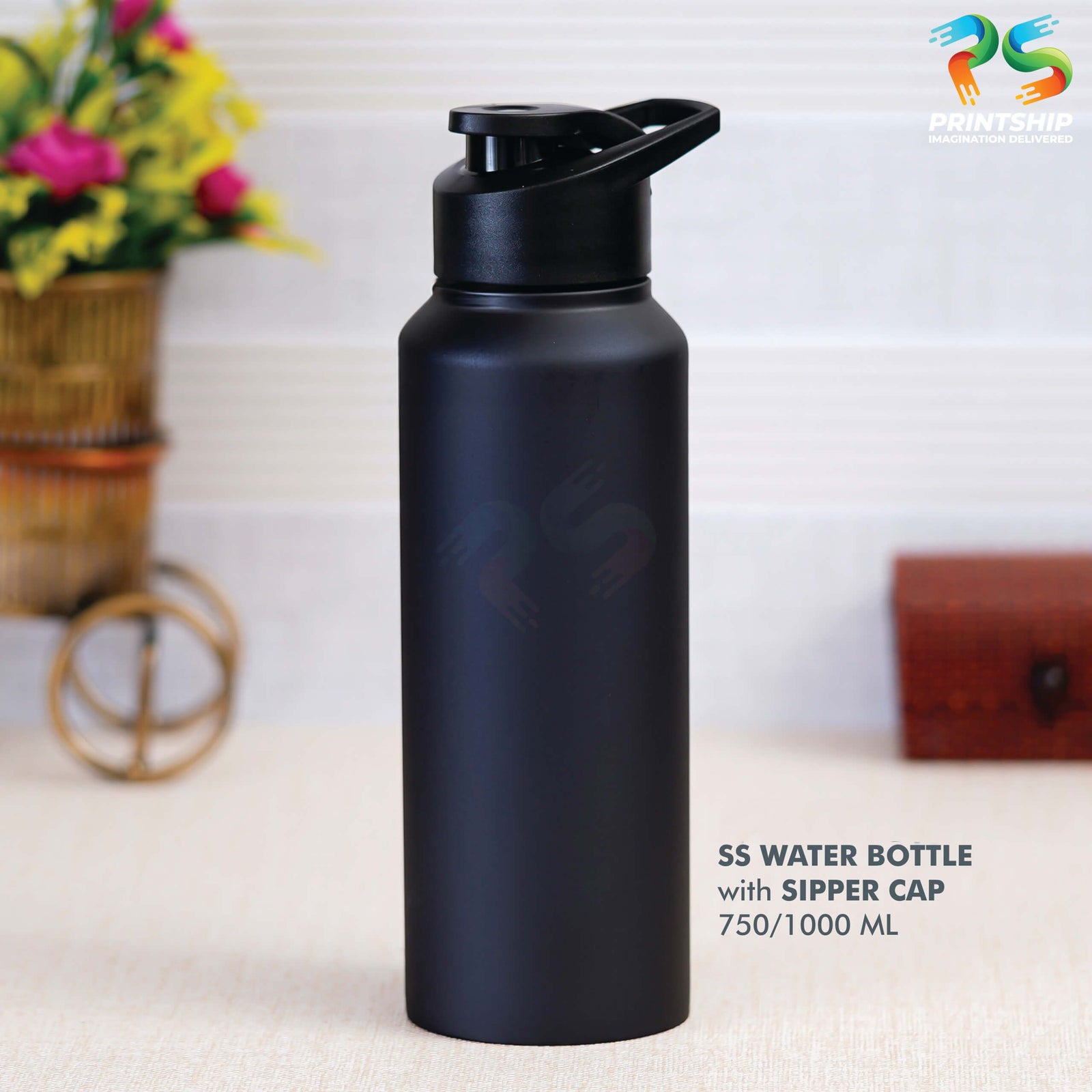 YuBingo Large Black Sipper Stainless Steel Bottle - 1000 ML - Corporate Drinkware Gift - Water Bottles by YuBingo