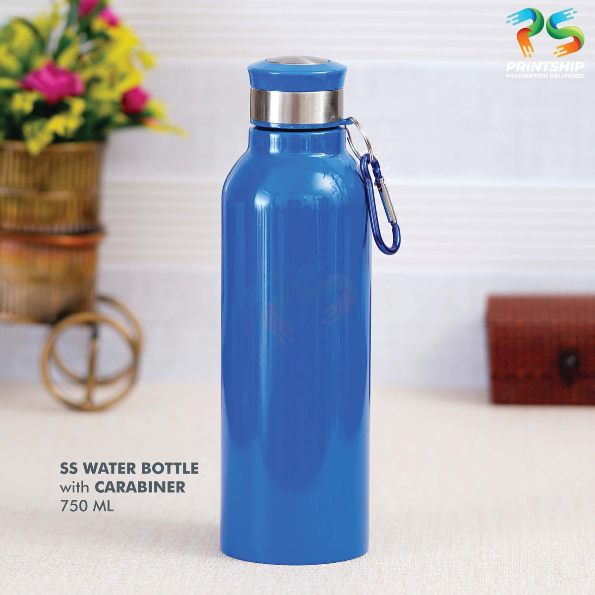 YuBingo Blue Stainless Steel Bottle with Carabiner - 750 ML - Corporate Drinkware Gift - Water Bottles by YuBingo
