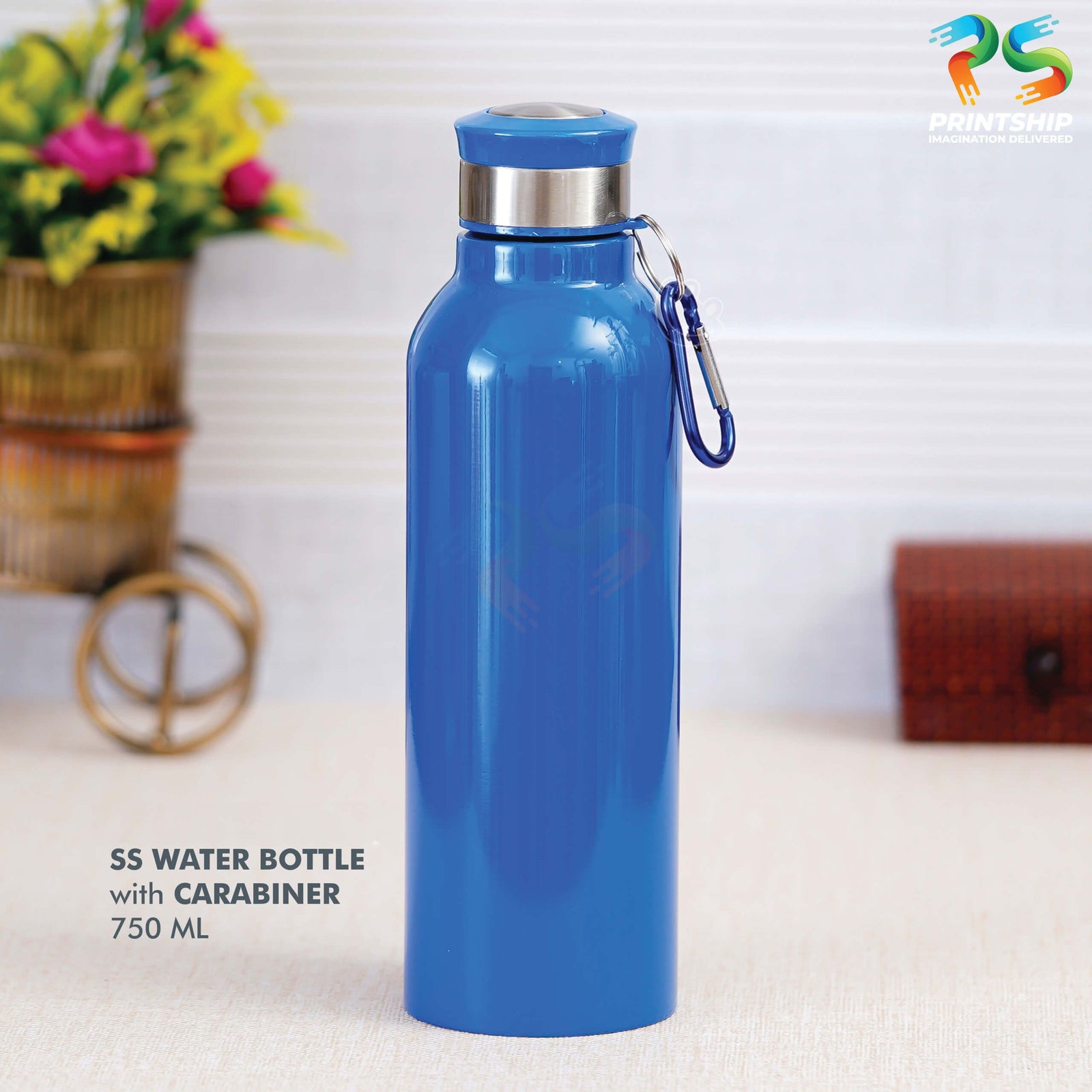 YuBingo Blue Stainless Steel Bottle with Carabiner - 750 ML - Corporate Drinkware Gift - Water Bottles by YuBingo
